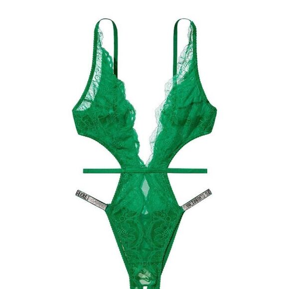 Victoria’s Secret Very Sexy Shine Strap Crotchless Strappy Lace Teddy Green - Picture 1 of 3